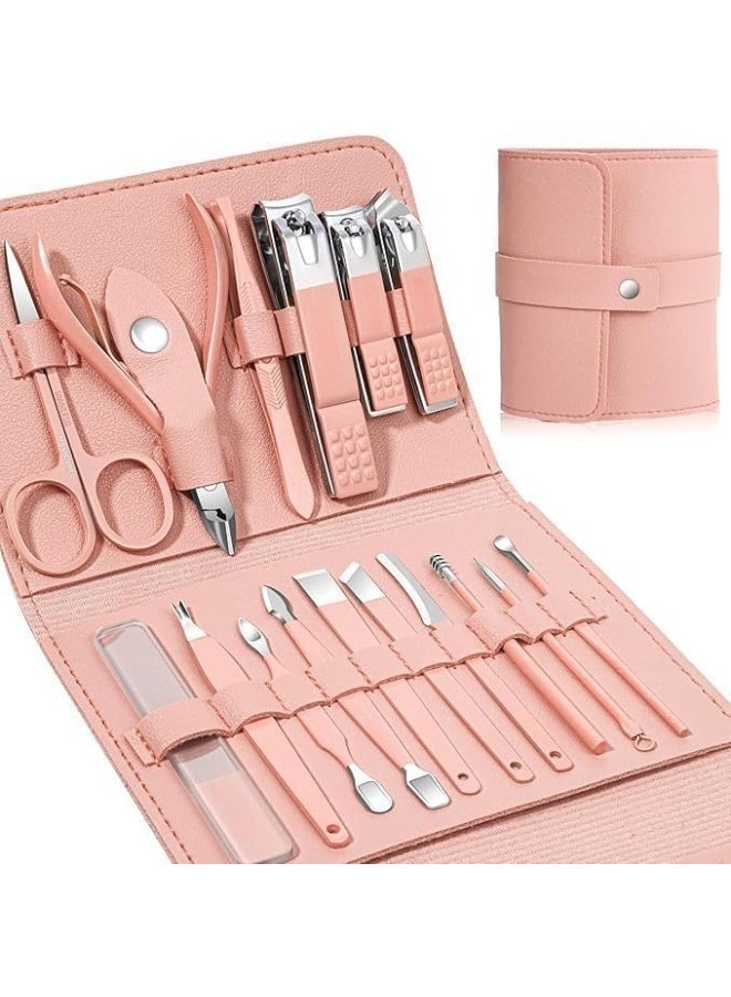 مجموعة العناية بالاظافر الاحترافية من 16 قطعة من الستانلس ستيل مع حافظة من جلد البولي يوريثين، ادوات احترافية متعددة الوظائف للرجال والنساء (بينك) - Image 1